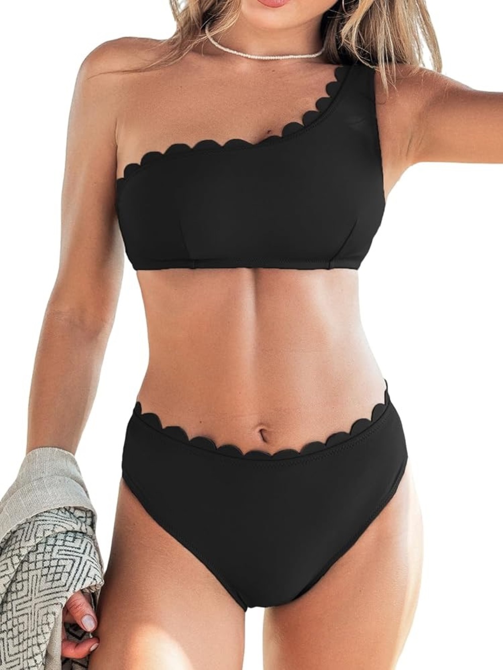 One-Shoulder Scallop Edge Bikini Set - Black